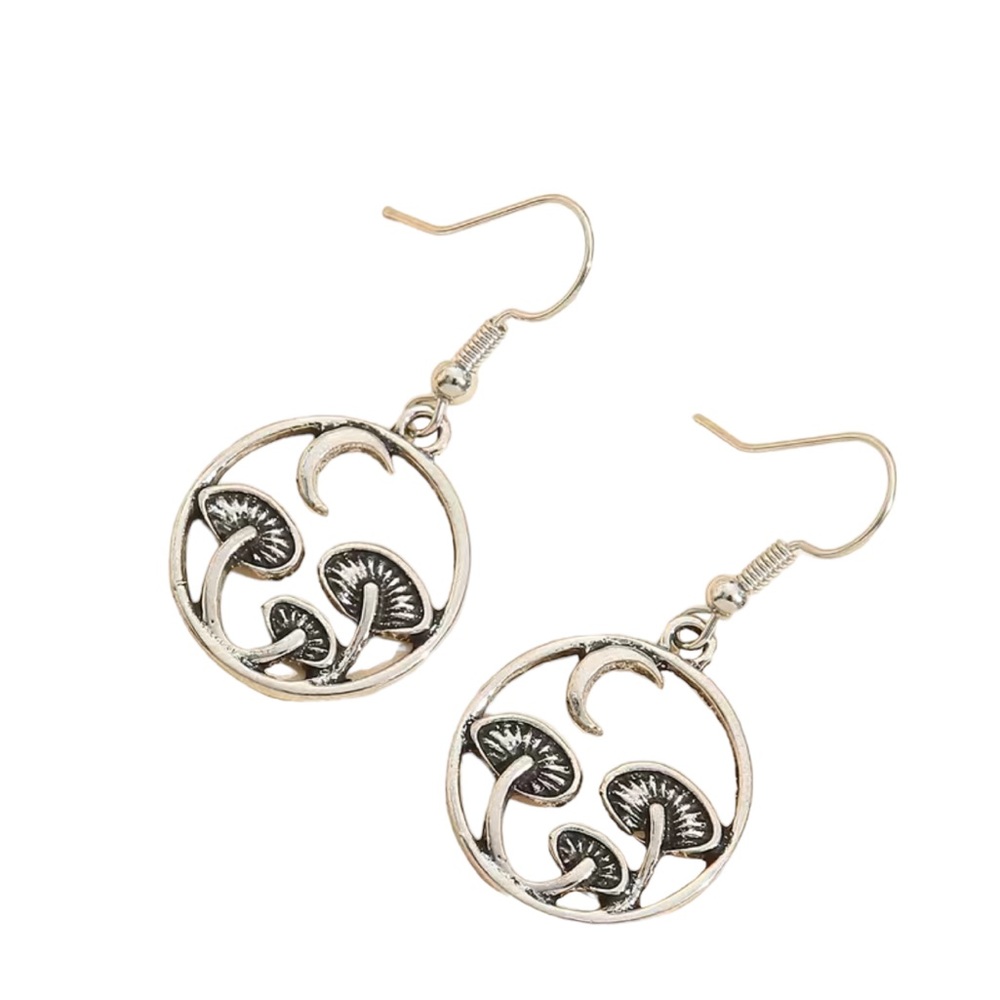 Boho Silver Mushroom Drop Hoop Earrings